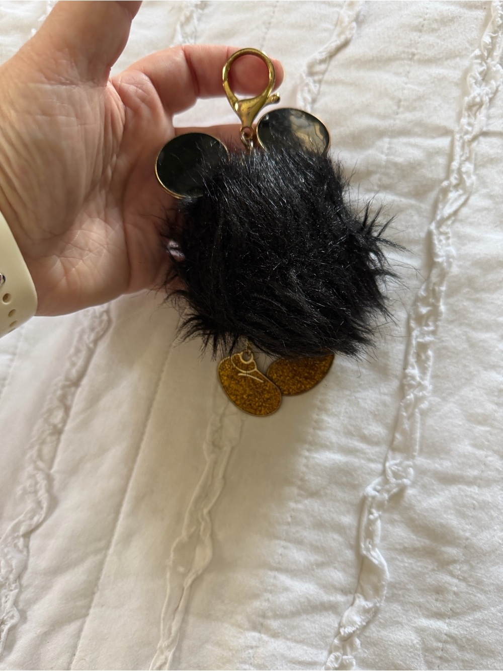 Disney Black Faux Fur Mickey Keychain with Gold Accents